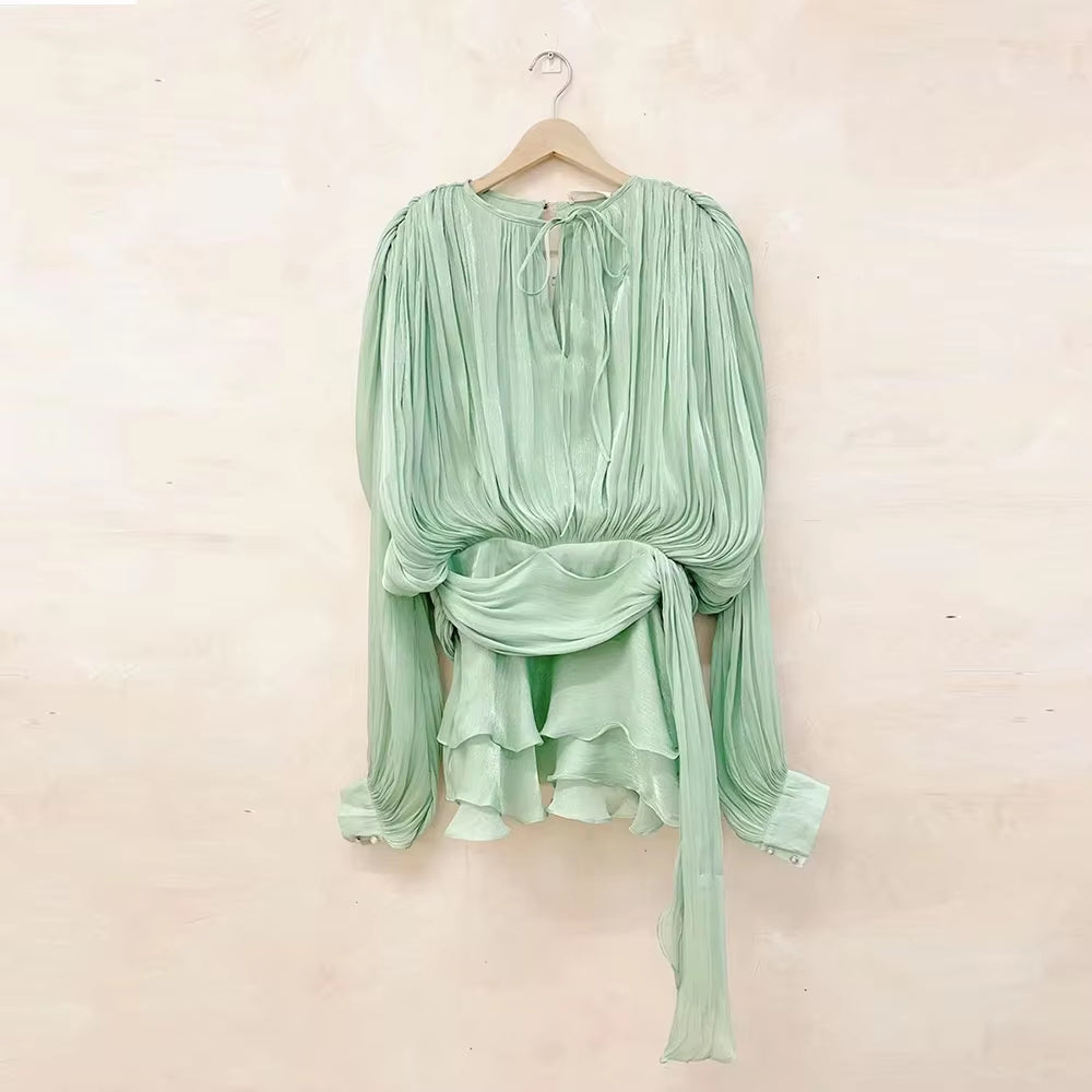 Velvichic™ Elegant Splice Lace-Up Dress – Long Sleeve, round Neck, Flowy Fit with Feminine Patchwork Detailing