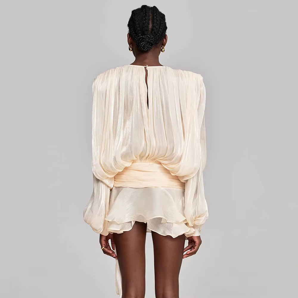 Velvichic™ Elegant Splice Lace-Up Dress – Long Sleeve, round Neck, Flowy Fit with Feminine Patchwork Detailing