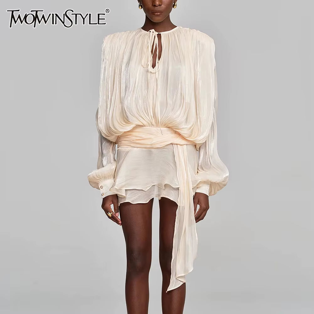 Velvichic™ Elegant Splice Lace-Up Dress – Long Sleeve, round Neck, Flowy Fit with Feminine Patchwork Detailing