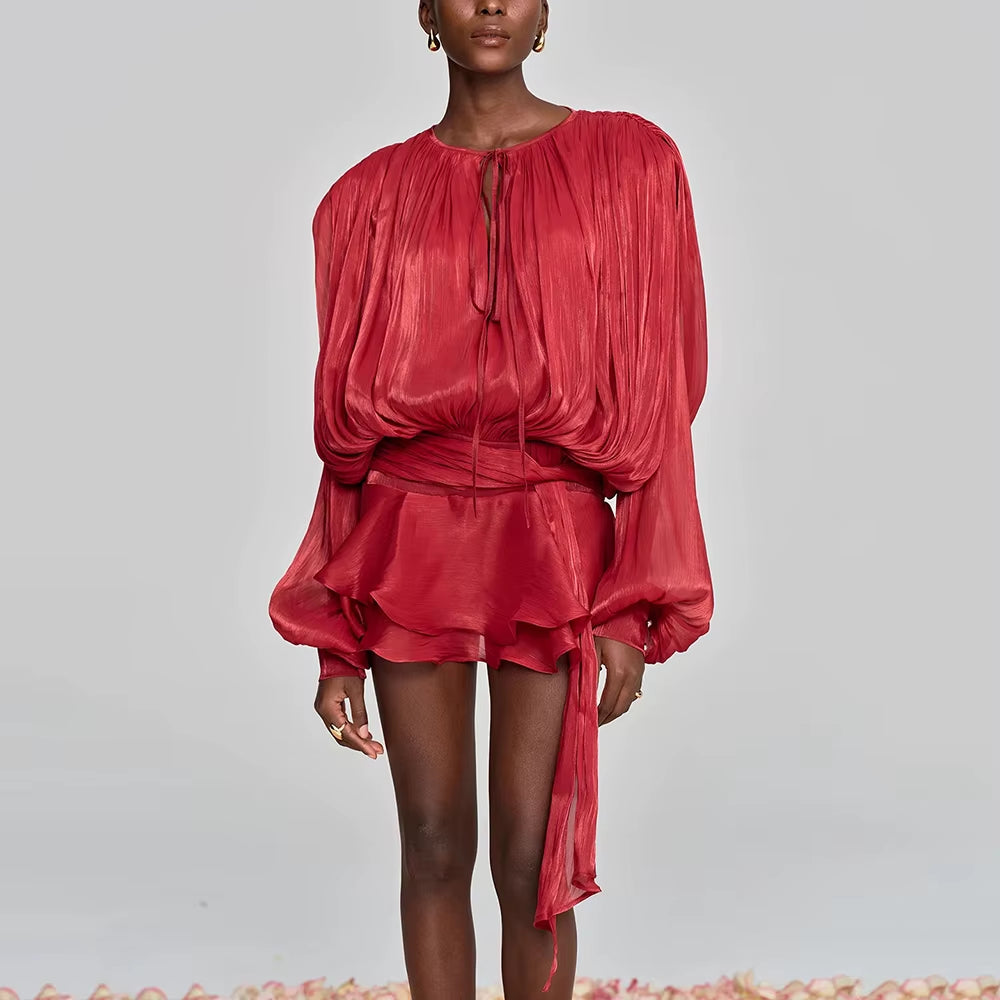 Velvichic™ Elegant Splice Lace-Up Dress – Long Sleeve, round Neck, Flowy Fit with Feminine Patchwork Detailing