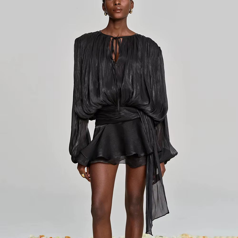 Velvichic™ Elegant Splice Lace-Up Dress – Long Sleeve, round Neck, Flowy Fit with Feminine Patchwork Detailing